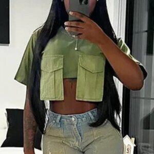 Women’s Ultra Short Cargo T-Shirt with Round Neck and Pocket - Casual